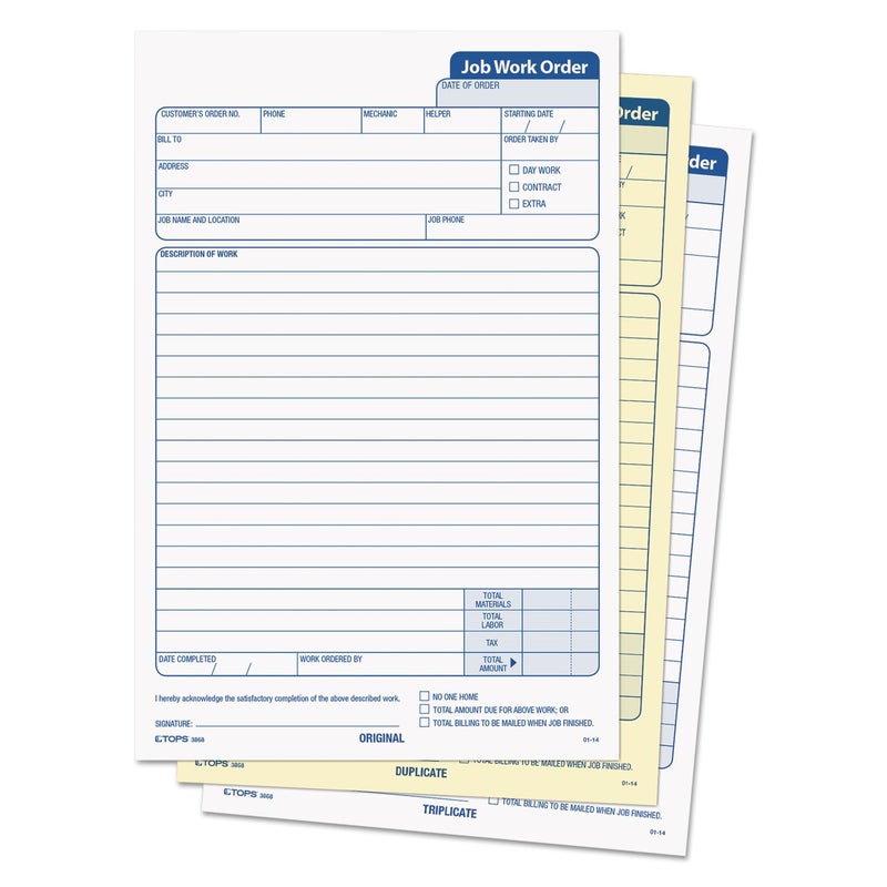 TOPS 3868 Snap-Off Job Work Order Form, 5 2/3" x 8 5/8", Three-Part Carbonless (Pack of 50 Forms) - Image 3
